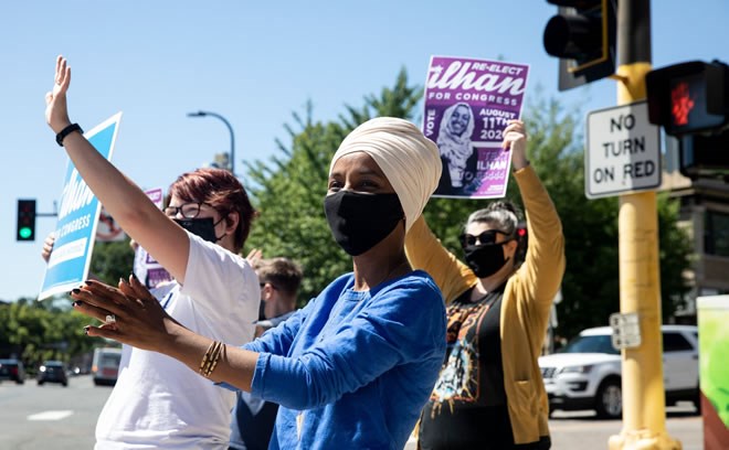 Representative Ilhan Omar, who made history in 2018 by becoming the first Somali-American to be elected to Congress, won her congressional primary on Tuesday. Credit...Jenn Ackerman for The New York Times